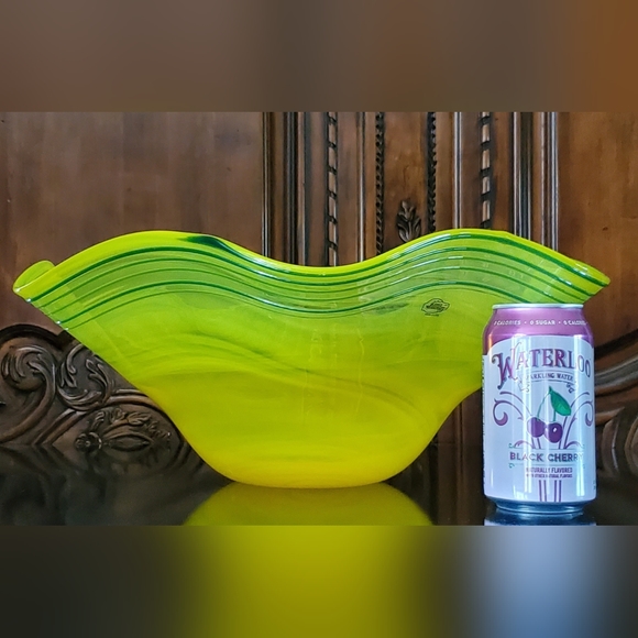 Huge Blenko 17" Handmade Yellow & Blue Art Glass Bowl - Picture 12 of 13